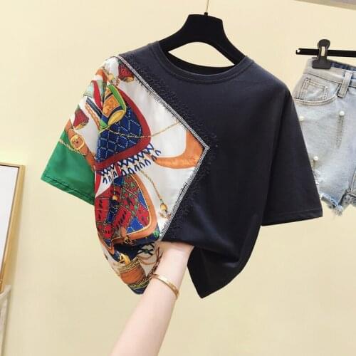 2020 Summer Women Short Sleeves O Neck Print Patchwork Lace T-Shirt Ladies Casual Pullover Tee Tops A3251