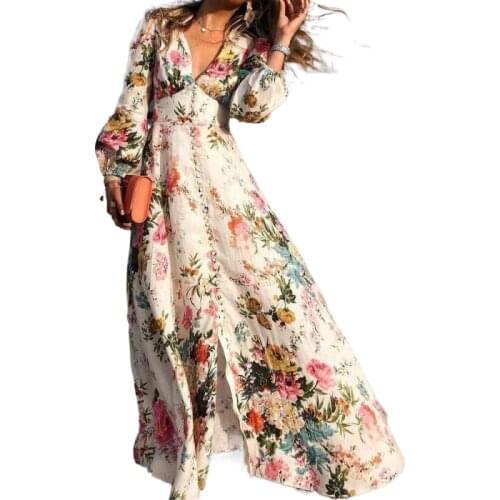 2021 Spring and Summer Romantic Floral Print Deep V-neck Long-sleeved Dress