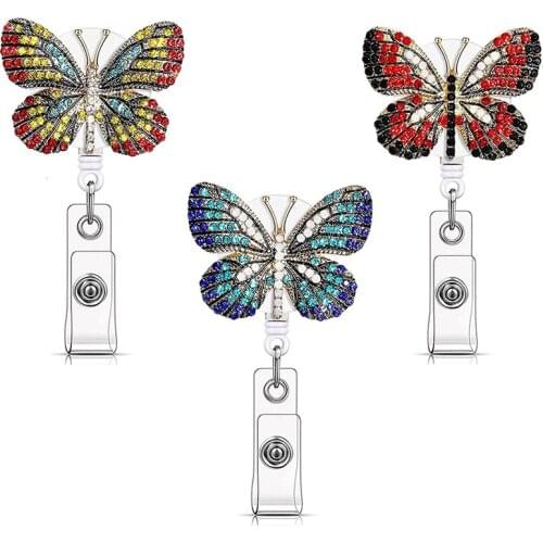 3 Pcs Butterfly Badge Reels Retractable Rhinestone Badge Holders Name Tag Holder Reels for Nurses Decoration Supplies
