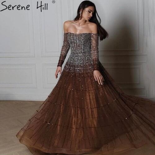 Champagne Off Shoulder Long Sleeve Evening Dresses 2021 A-Line Beading Party Gowns Serene Hill BLA70292