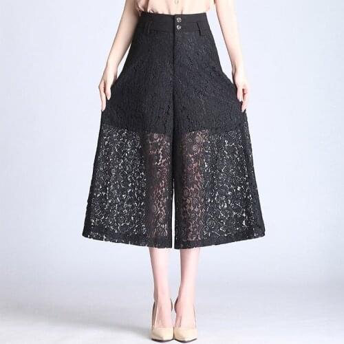 Summer Korean Fashion Casual Trousers Women Capris Pants High Waist Lace Hollow Wide Leg Plus Size Elastic Pantalones Mujer 4XL
