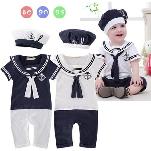 Baby Boy Cotton Outfit Sailor Navy Style Hat+romper Short Sleeve Jumpsuit Infantil Summer Birthday Clothes