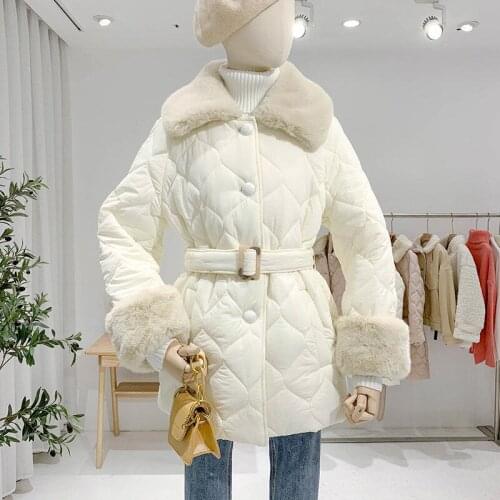 JuneLove White Lace Up Waist Korean Style Loose Long Winter Coat Women Long Female Parkas Warm Padded Clothes Ladies Snow Wear