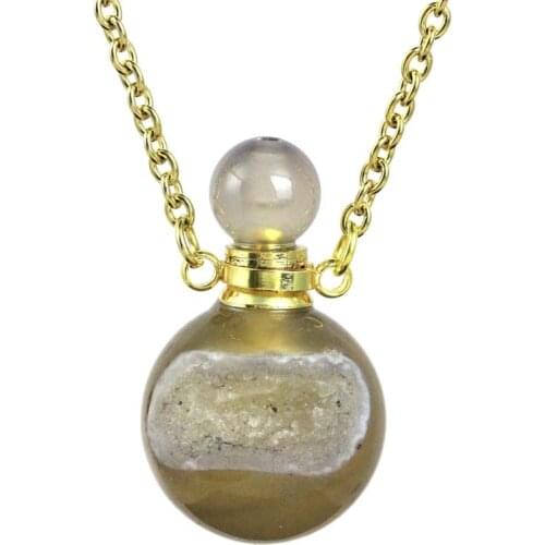 KFT Natural Stones Onyx Agates Crystal Round Beads Perfume Essential Oil Bottle Diffuser Stone Pendant Necklace For Women Men