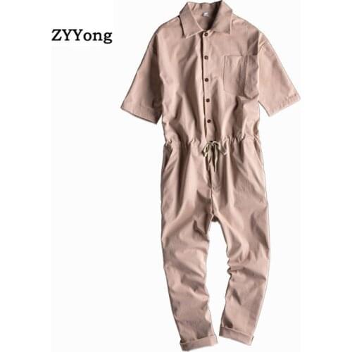 ZYYong Summer Lapel Short Sleeve Mens Jumpsuit Loose Hip-Hop Style Streetwear Mens overalls Casual Comfortable Mens Pants