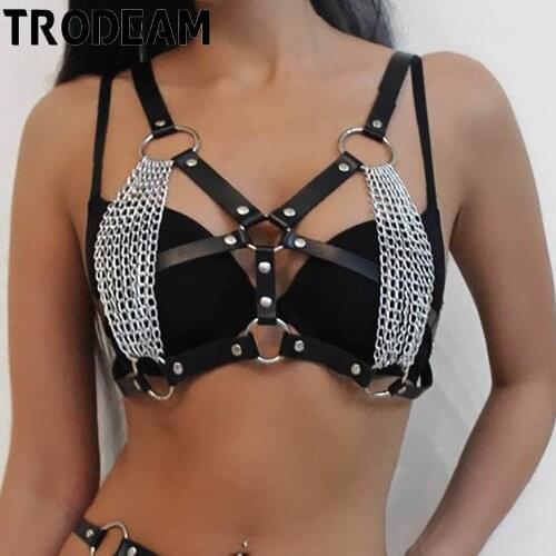 TRODEAM Leather Body Harness Chain Bra Waist Bondage Body Gothic Lingerie Sexy Suspenders Garter Belt Straps Pole Dance Belts