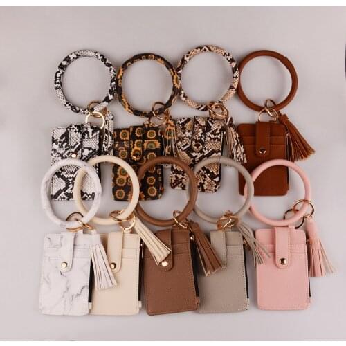 Rainbery 2021 New Hot Sell Zipper Keychain Bag for Women Men Leopard Wallet PU Leather Tassel Card Bag Bracelet Keychain Jewelry