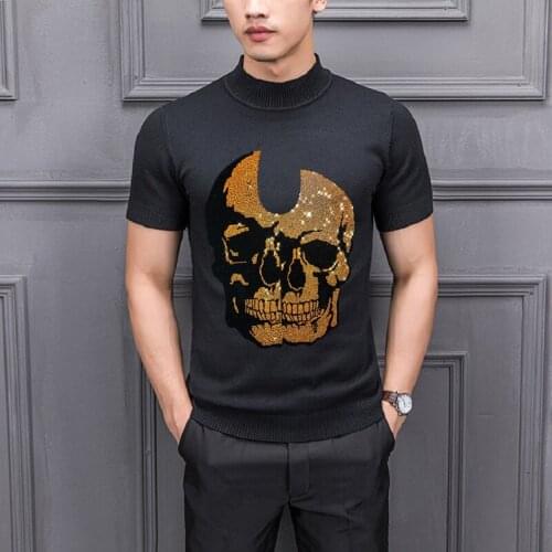 Super Exaggerated Self-Cultivation Big Skull Popular Mens T-Shirt Personality Factory Wholesale Sweater Hot Drilling Knit Short
