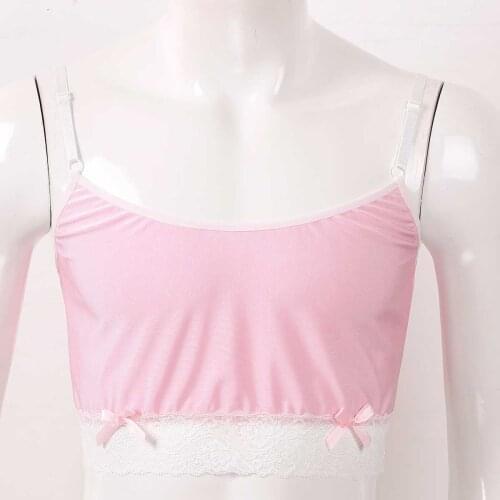 Men Exotic Silky Bra Lingerie Sexy Deep U Spaghetti Strap Lace Sissy Camisole Vest Lenceria Crossdressing Crop Top Gay Sleepwear