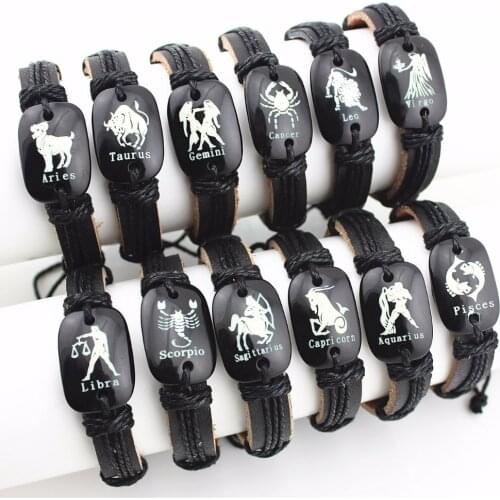 Mibrow 12pcs/lot Leather Bracelet Men Constellations Bracelet Women 12 Zodiac Horoscope Signs Bracelets Male Bracelets & Bangles
