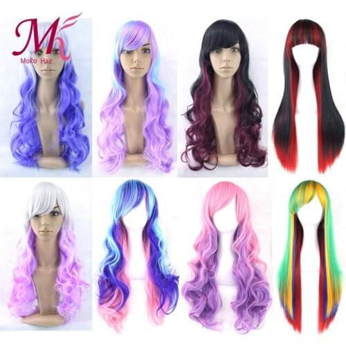 Moko Long Ombre Blue Straight Long Synthetic Wigs For Women Black Pink Wigs 26 inch 20 Color can be Cosplay Wigs