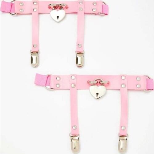 1Pair Cute Leather Garters Thigh High Legging Garter Belt Heart Locket Harajuku Suspender Metal Clips for Stockings Dancing
