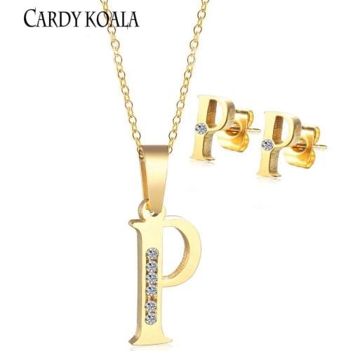 Simple and fashionable letter P diamond-studded titanium steel jewelry set earrings necklace gold-plated childrens letter earri