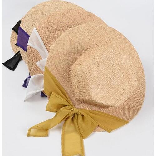 Womens Summer Hat Hexagon Side Sun Protection Cap Female Flat Top Wide Brim Ribbon Beach Hat Straw Hat With Chin Strap Sun Hats