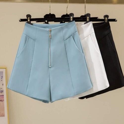 Fashion Zippers Work Office Suit Shorts For Women High Waist Hotpants All-Match Blue Black White Wide Leg Summer Shorts C7373