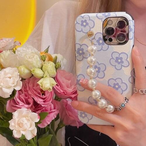 Blue Flower Pearl Bracelet Phone Cases for iPhone 12 Pro Max 11 pro max X XS XR 7 8 Plus Chain Soft Leather Silcone 2in1 Cover
