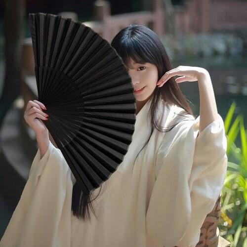 Folding Chinese Style Black Vintage Hand Handheld Solid Fans with Carry for Pouch Dance Performance Wedding Party Pocket Gifts