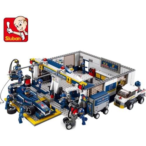 Sluban 741Pcs City F1 Racing Car Model vehicle repair station Garage Diy Building Blocks Bricks Enlighten Toys For Children Gift