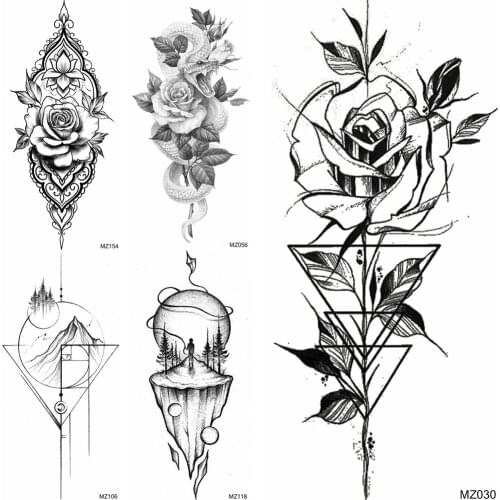 Geometric Flower Temporary Tattoos Beautiful Body Art Arm Decoration Tatoos For Women Waterproof Fake Black Sanke Mountain Tatoo