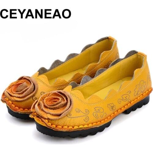 CEYANEAO 2018 Handmade Genuine Leather Shoes flat Flowers Single Shoes National Wind Comfortable Soft Bottom Summer Peas Shoes