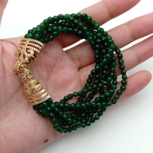 Y·YING 4 Strands 4mm Faceted Round Green Jades Multi Strands Necklace Cubic Zirconia Pave clasp 19"