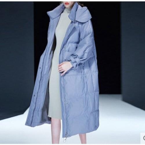 New style 2019 white duck down jacket long over knee European women coats winter hooded thicker fashionable pure color jackets