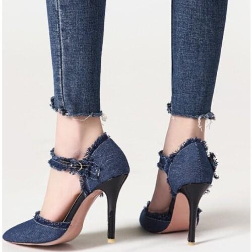 Spring Korean fashion word with denim edging shallow mouth shoes womens high heels hollow pointed womens sandals