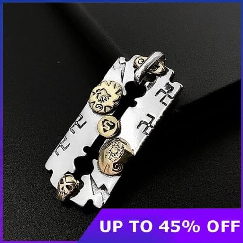 100% Real S925 sterling silver jewelry vintage Thai silver mens fashion razor blade necklace pendant skull pendant best gifts