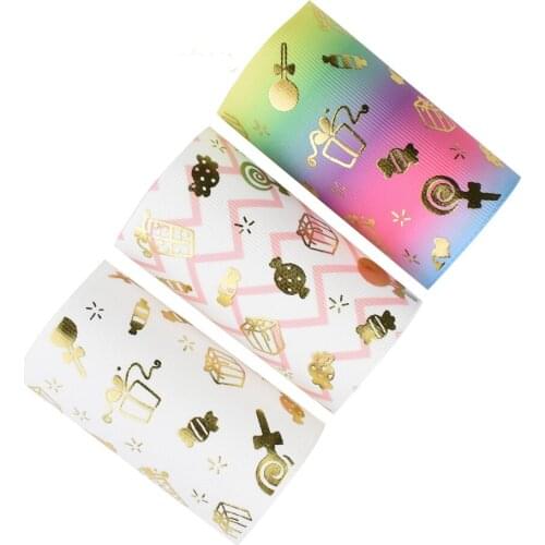 50yards 75mm Gold Foil Gifts Candies candy gift Grosgrain Ribbon For DIY Accessories Welcome Custom printed