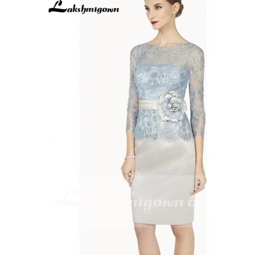 Pencil Beaded Scoop-Neck Midi 3-4-Sleeve Satin Mother Of The Bride Dresses Lace Dress With Flower Vestido de Festa