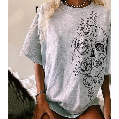 Harajuku Tee Shirt Femme Gray Skull Moon Flower Oversized T Shirt Women Summer 2021 Vintage Casual Loose Short Sleeve Top Tshirt