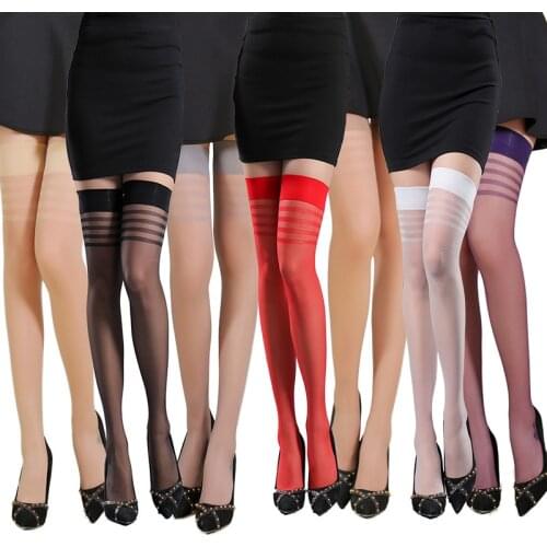Hot Sale Sexy Rib Top Stockings Stripe Transparent Silk Stocking Thigh High Nylon Women Stockings Medias De Mujer Leggings