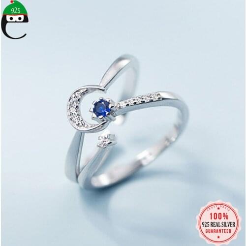 ElfoPlataSi Real 925 Sterling Silver Fashion Moon Star Blue CZ Adjustable Ring For Women Wedding Valentines Day Jewelry DD728