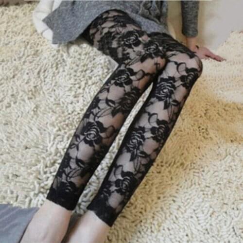 Black White Leggings Women Perspective Lace Pants Rose Pattern Stretch Hollow Embroidered Leggings Femme Sexy Trousers Women