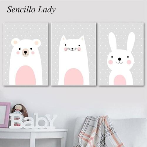 Bear Bunny Cat Cartoon Animal Canvas Painting Nursery Poster and Print Child Wall Art Picture Nordic Kid Girl Bedroom Decoration
