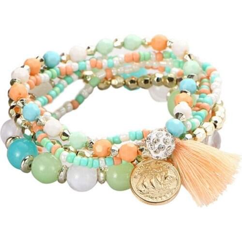 Multilayer Elastic Weave Tassel Coin Bracelets Set Bangles Charm Crystal Wrap Blue Beads Bracelet For Women Bohemia Jewelry Gift