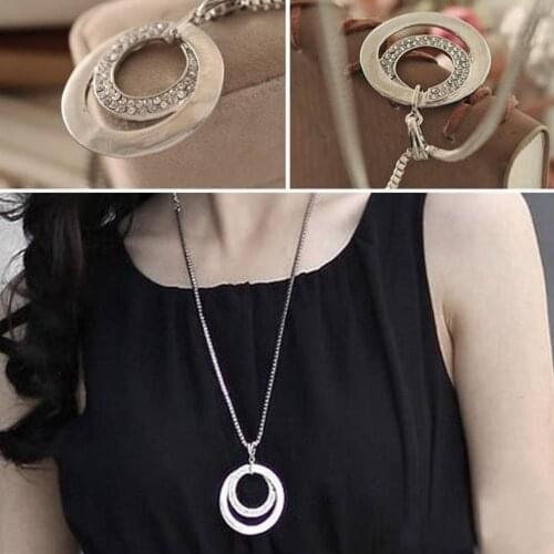 Fashion Women choker Double Circles Rhinestone Inlaid Long Chain Necklace Jewelry Gift Sweater Chain New Womans accesories