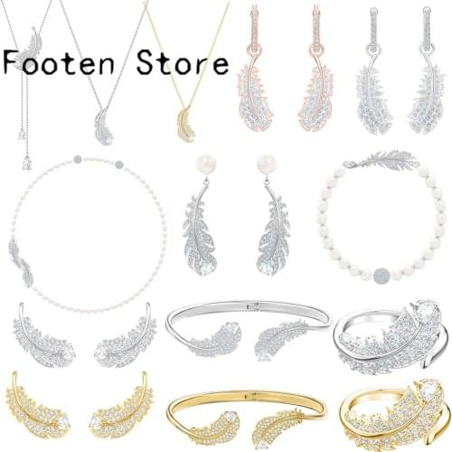 SWA Fashion Ladies' Jewelry Charm Gold Silver Feather Series Jewelry Set Ladies Earring Necklace and Bracelet Romantic Jewelry