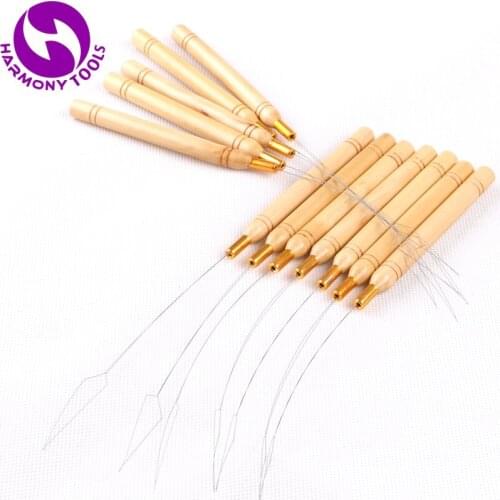 Free Shipping 50 Pieces Wooden Handle Stainless Steel Wire Nano Beads Pulling Loop Threader for Micro Ring Tip Hair Extensions