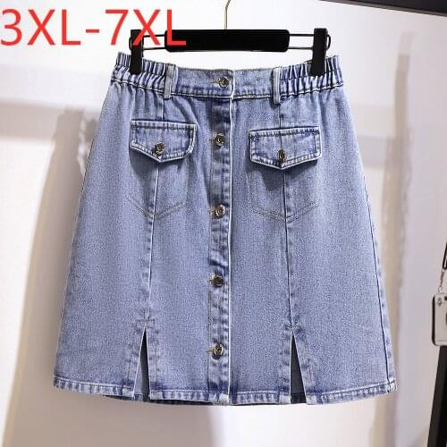 New 2021 summer plus size mini skirt for women large casual loose cotton blue pocket button denim skirts 3XL 4XL 5XL 6XL 7XL