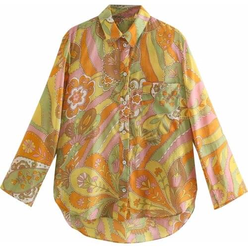 Za New Women Retro Floral printing Simple Style Loose Long Sleeve Shirt Casual Chic Tops XITIMEAO