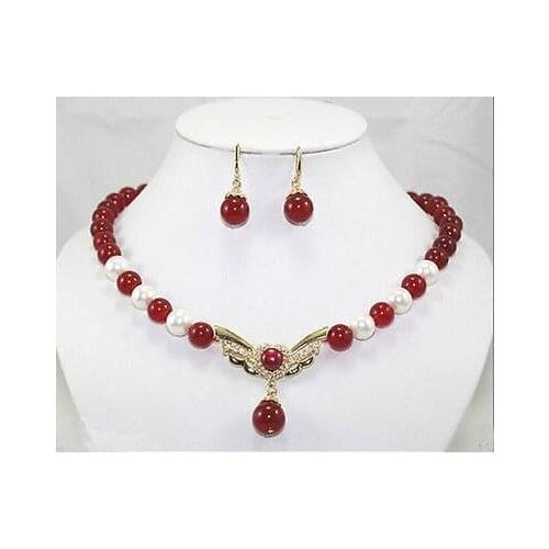 New design natural freshwater 7-8MM pearl 8MM ruby necklace 18" earrings