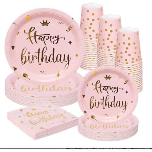 Pink Happy Birthday Disposable Tableware Serves 8 Guests Rose Gold Happy Birthday Party Girls 16 17 18 21th Birthday Party Favor