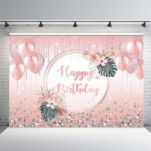 Rose Gold Happy Birthday Party Backdrop Pink Glitter Background Women Girl Balloons Sweet 16th 30th 40th 50th 60th Banner