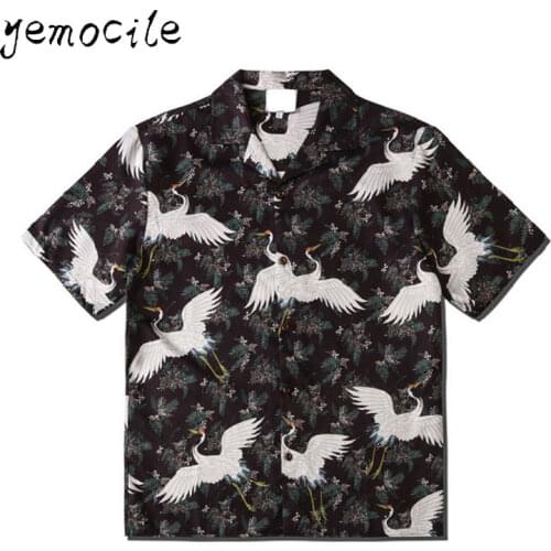 Mens Shirts Harajuku Chinese Style Crane Print Short Sleeve Casual Shirt 2020 New Hip Hop Streetwear Loose Women Blouses Unisex