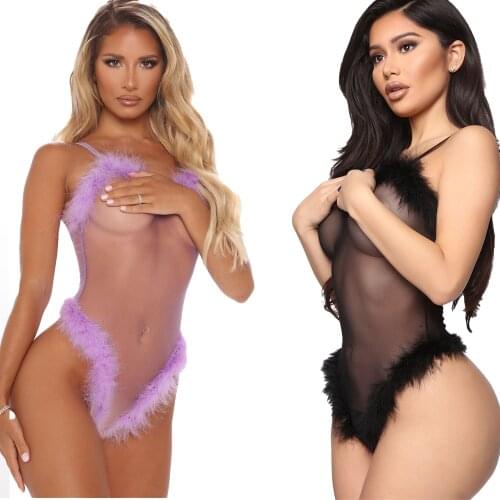 Sexy See Through Mesh Feather Bodysuit for Women Sex Sleepwear Nightwear Christmas Costume
