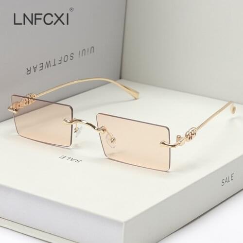 LNFCXI Rimless Rectangle Sunglasses Women Men Shades Tea Pink Blue Gradient UV400 Sun Glasses Retro Frameless Sun Glasses
