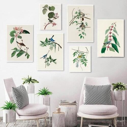 Vintage Birds Antique Botanical Painting by John James Audubon Plants Canvas Posters and Prints for Living Room Wall Art Decor