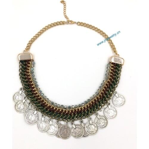 Vintage tibetan handmade beads chain necklaceTassel chain coin pendants Boho style collier femme statement Necklace summer style