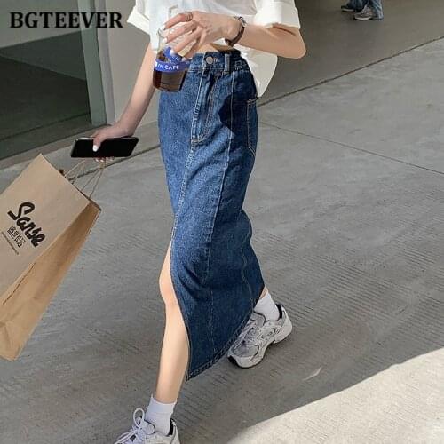 BGTEEVER Chic High Waist Button Women Denim Skirts Casual Split Bodycon Female Long Skirts 2021 Spring Summer Jeans Skirts Femme